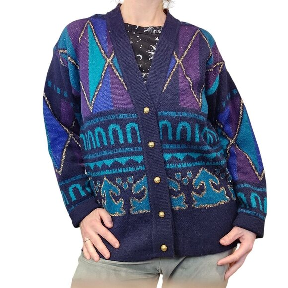 Vintage 80s 90s Womens M Preppy‎ Cardigan Sweater Jewel Tone Blue Lurex Gold - Picture 1 of 13